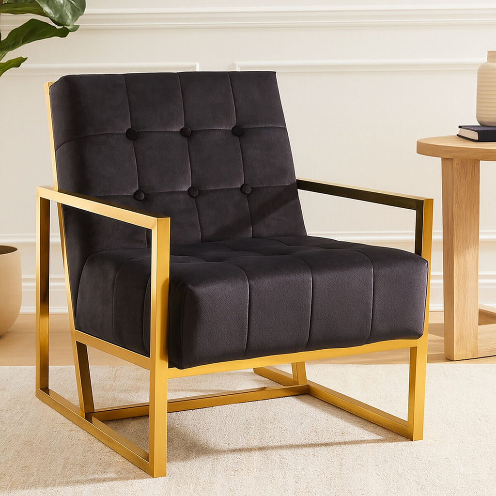 Black Velvet Button Tufted Chair with Gold Finish Frame