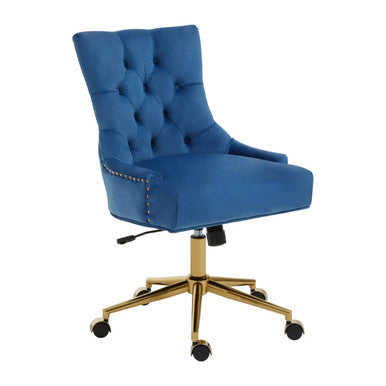 Blue Velvet Office Chair with Gold Swivel Base