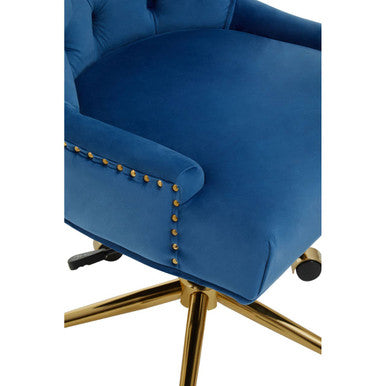 Blue Velvet Office Chair with Gold Swivel Base