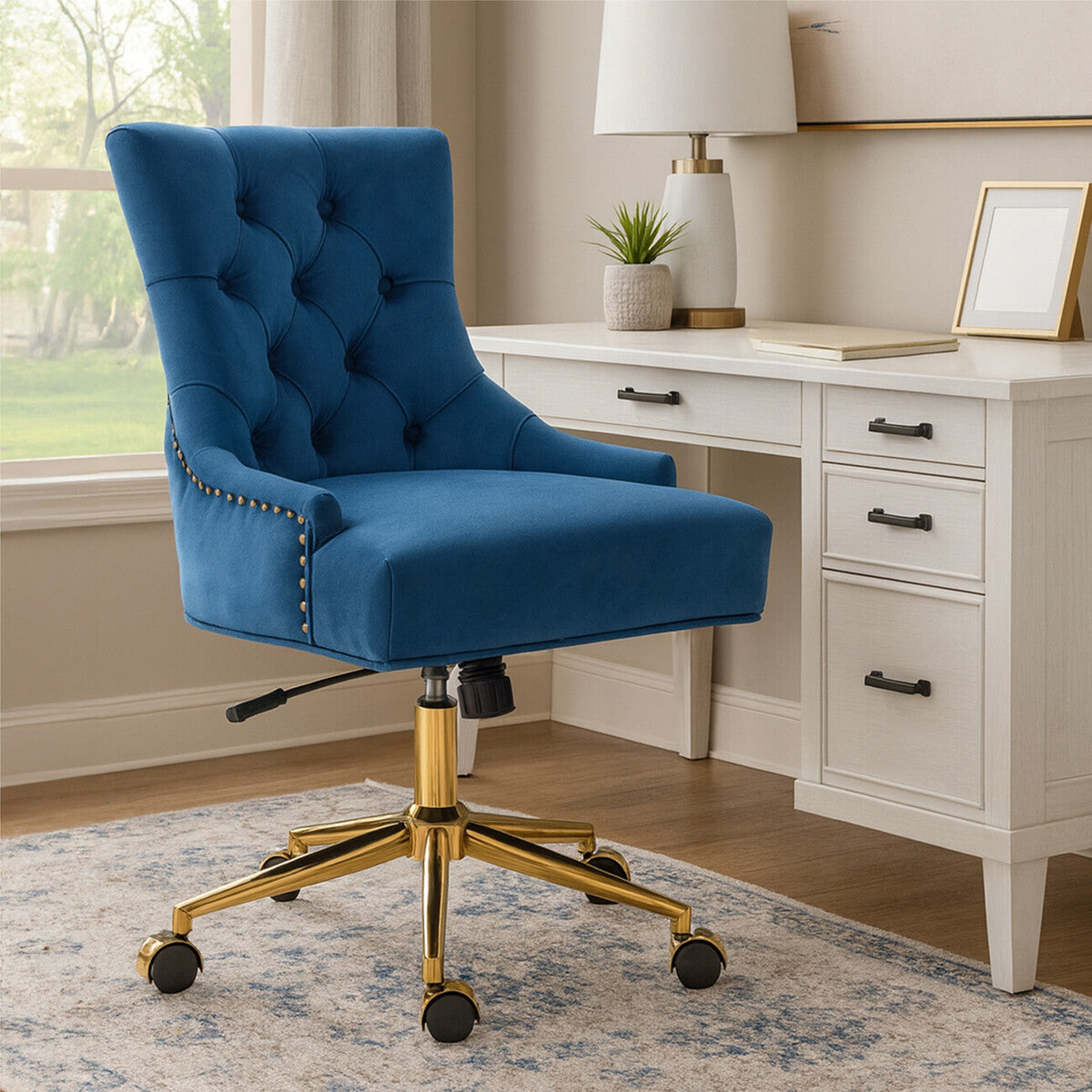 Blue Velvet Office Chair with Gold Swivel Base