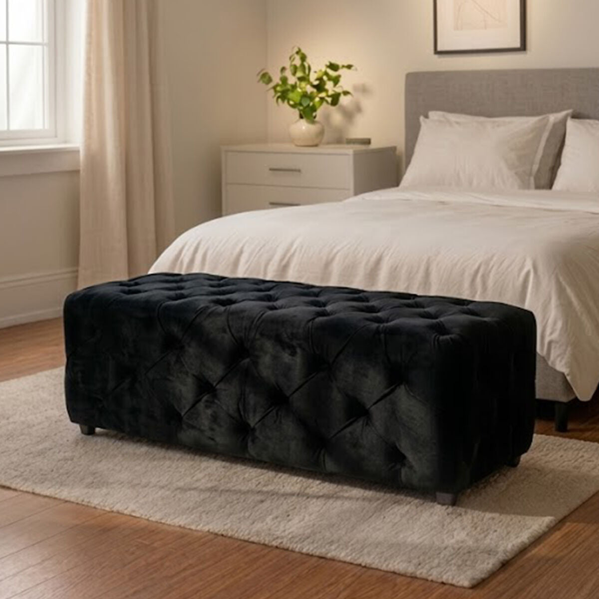 Black Velvet Button Tufted Bench