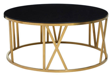 Black Glass Round Coffee Table with Brushed Gold Finish Frame