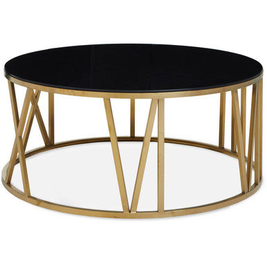 Black Glass Round Coffee Table with Brushed Gold Finish Frame