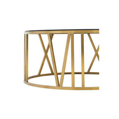 Black Glass Round Coffee Table with Brushed Gold Finish Frame