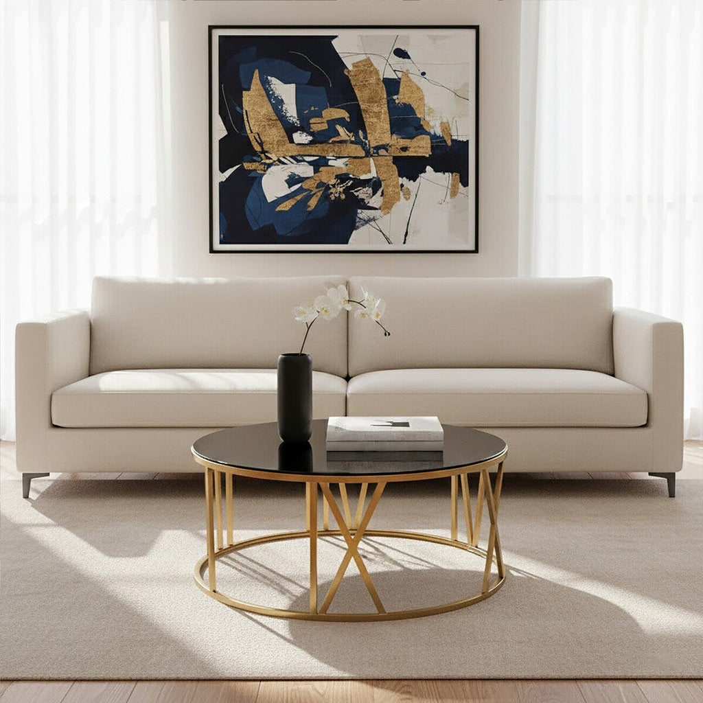 Black Glass Round Coffee Table with Brushed Gold Finish Frame