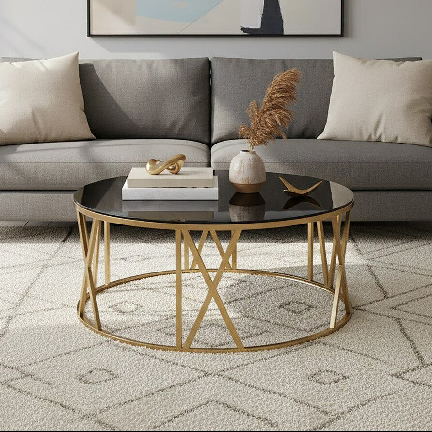 Black Glass Round Coffee Table with Brushed Gold Finish Frame