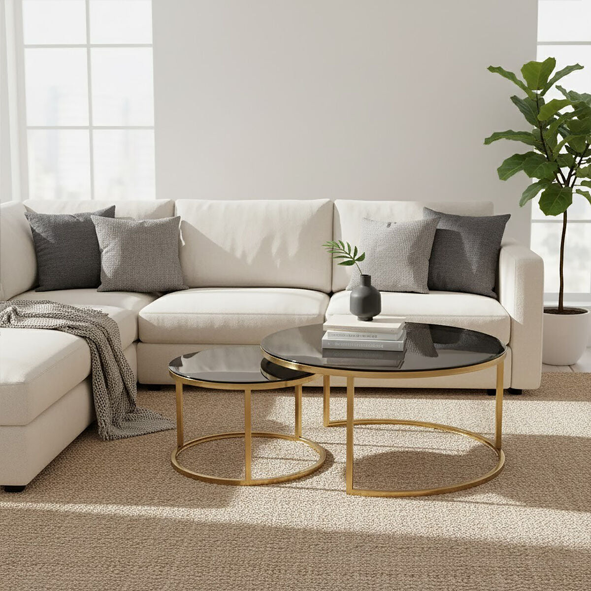 Black Glass and Brushed Gold Set of 2 Nesting Coffee Tables