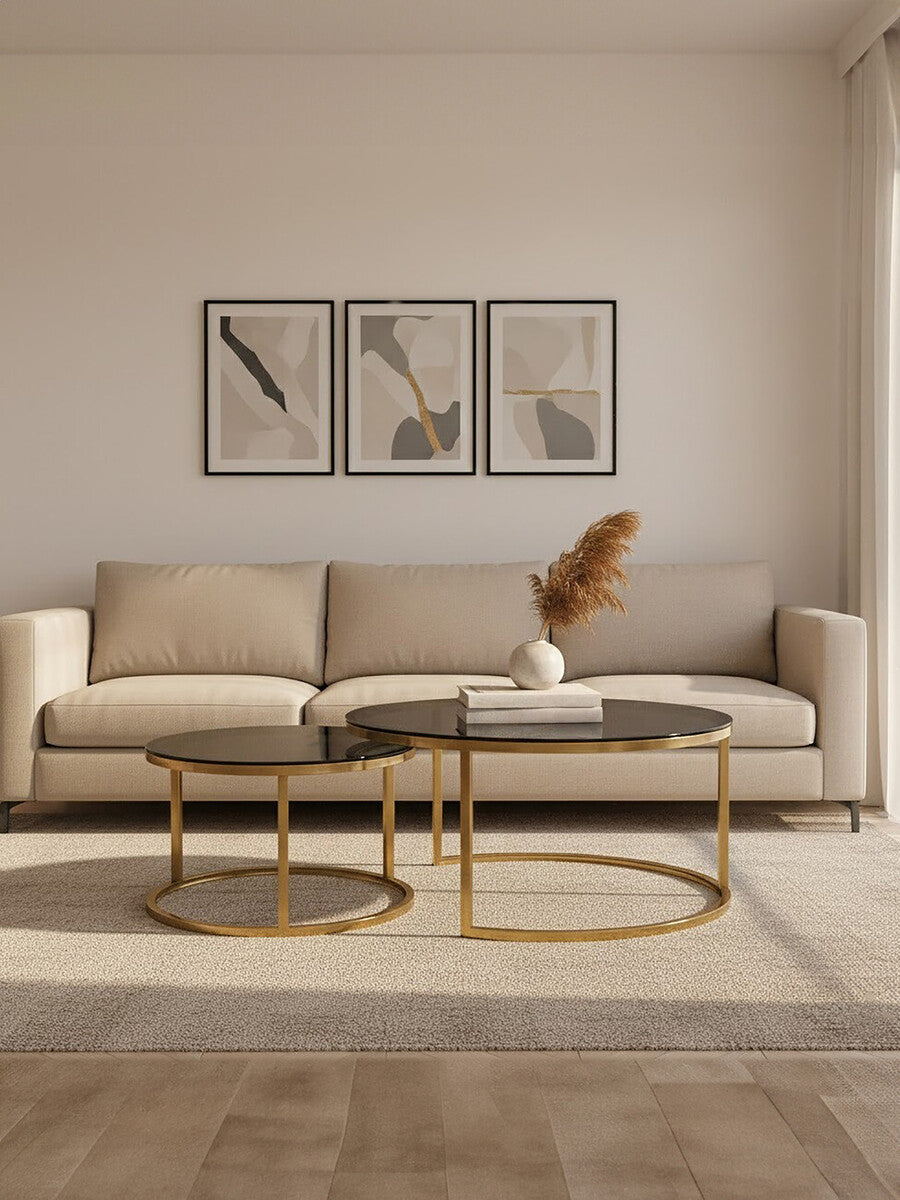 Black Glass and Brushed Gold Set of 2 Nesting Coffee Tables