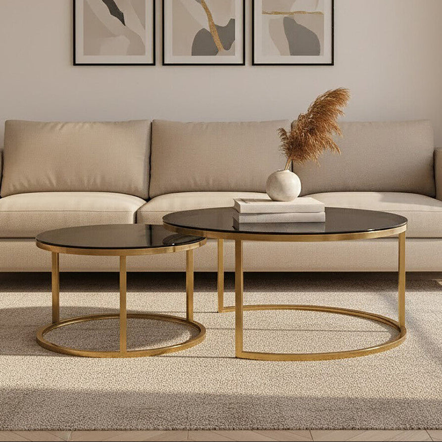 Black Glass and Brushed Gold Set of 2 Nesting Coffee Tables