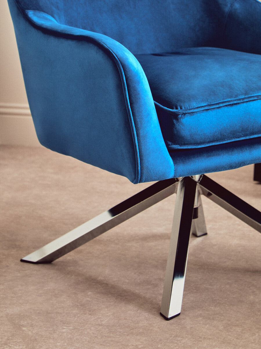 Midnight Blue Velvet Swivel Chair with Curved Back