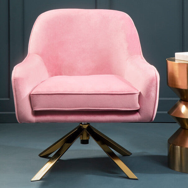 Pink Velvet Swivel Chair with Curved Back