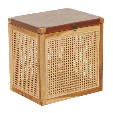 Natural Solid Teak and Rattan Storage Box Side Table with Antique Brown Leather Lid