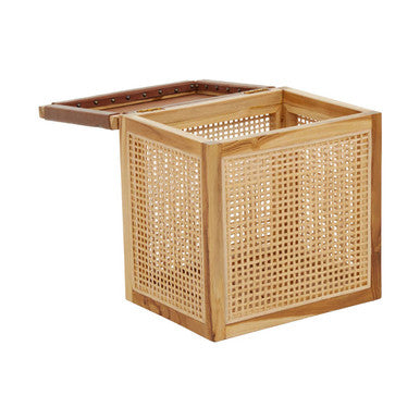 Natural Solid Teak and Rattan Storage Box Side Table with Antique Brown Leather Lid