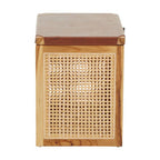 Natural Solid Teak and Rattan Storage Box Side Table with Antique Brown Leather Lid