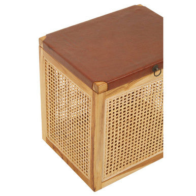 Natural Solid Teak and Rattan Storage Box Side Table with Antique Brown Leather Lid