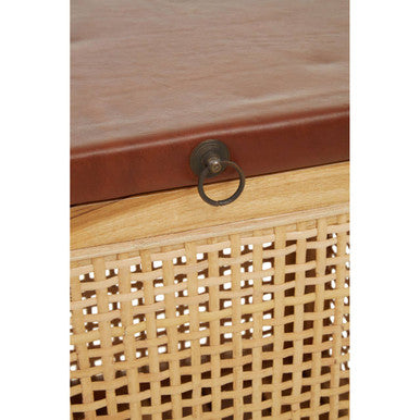 Natural Solid Teak and Rattan Storage Box Side Table with Antique Brown Leather Lid