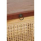 Natural Solid Teak and Rattan Storage Box Side Table with Antique Brown Leather Lid
