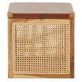 Natural Solid Teak and Rattan Storage Box Side Table with Antique Brown Leather Lid