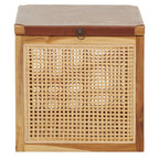 Natural Solid Teak and Rattan Storage Box Side Table with Antique Brown Leather Lid