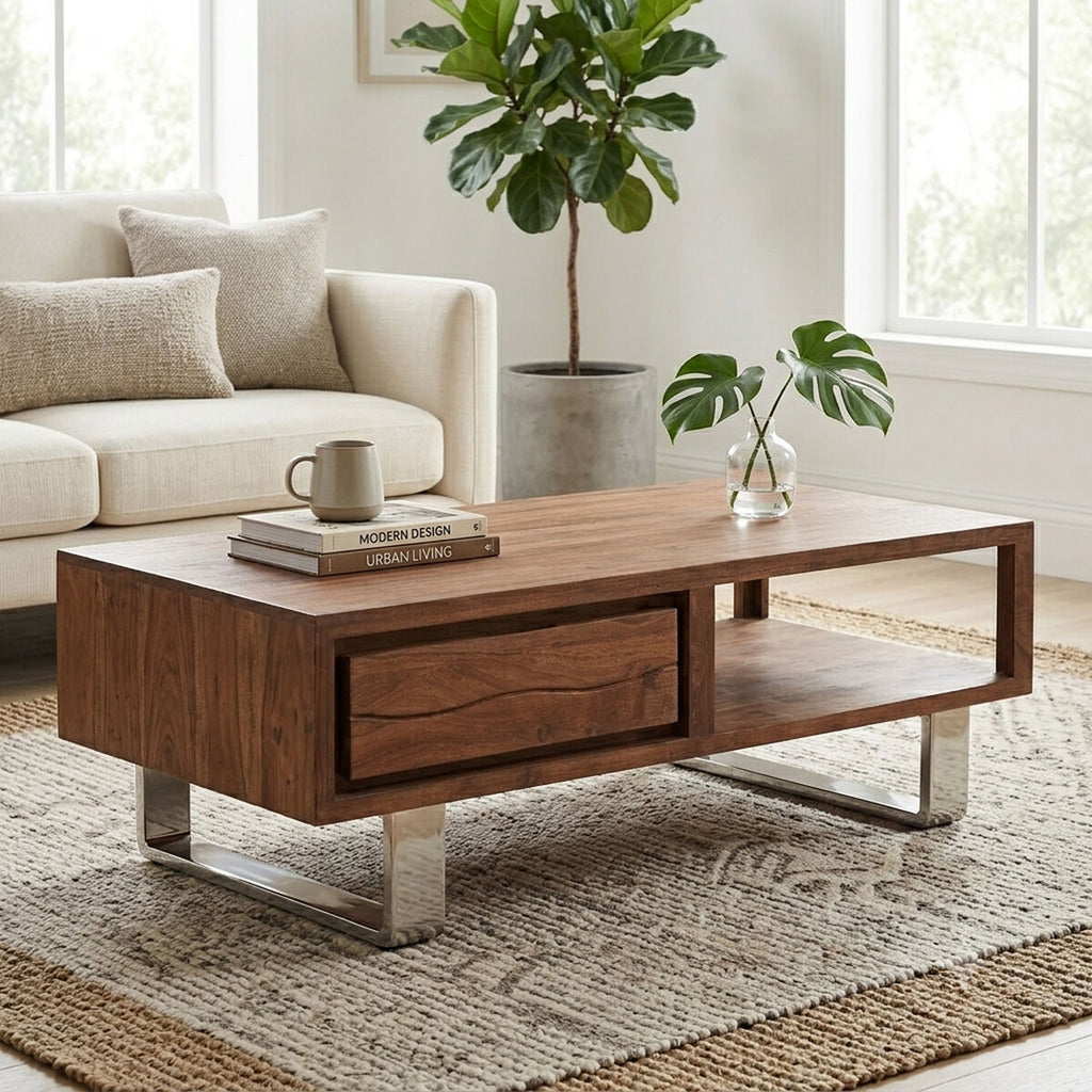 Acacia Wood Coffee Table with Drawer