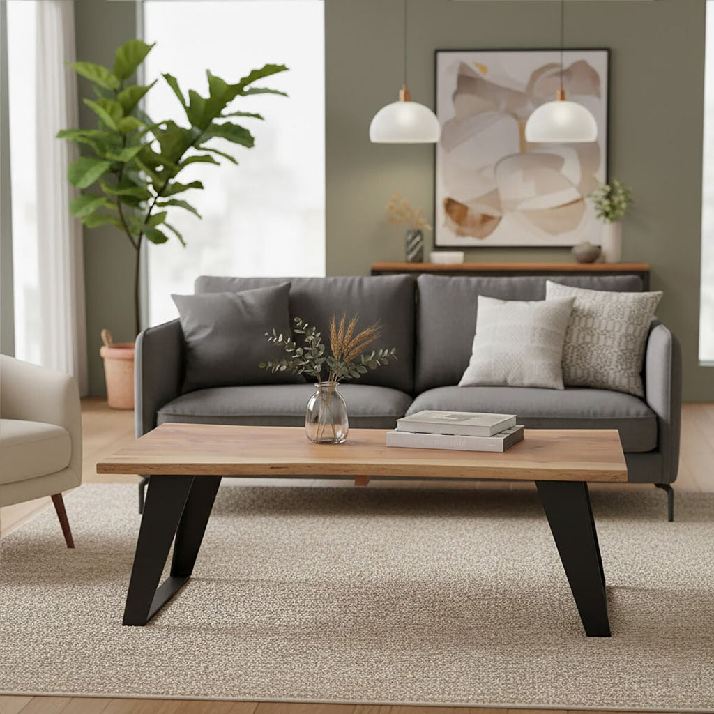 Live Edge Acacia Wood Top Coffee Table with Black Iron Legs