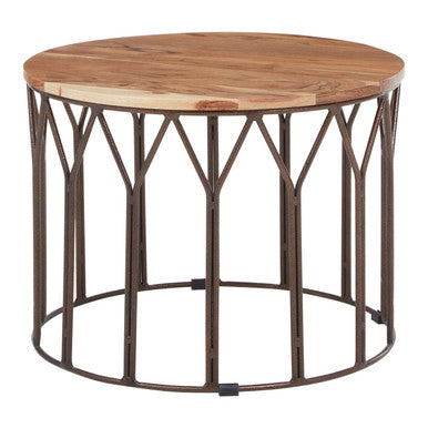 Natural Solid Acacia Wood Round Coffee Table with Dark Geometric Lattice Metal Frame