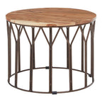 Natural Solid Acacia Wood Round Coffee Table with Dark Geometric Lattice Metal Frame