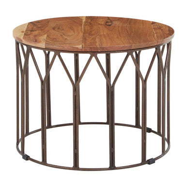 Natural Solid Acacia Wood Round Coffee Table with Dark Geometric Lattice Metal Frame