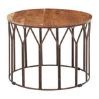 Natural Solid Acacia Wood Round Coffee Table with Dark Geometric Lattice Metal Frame