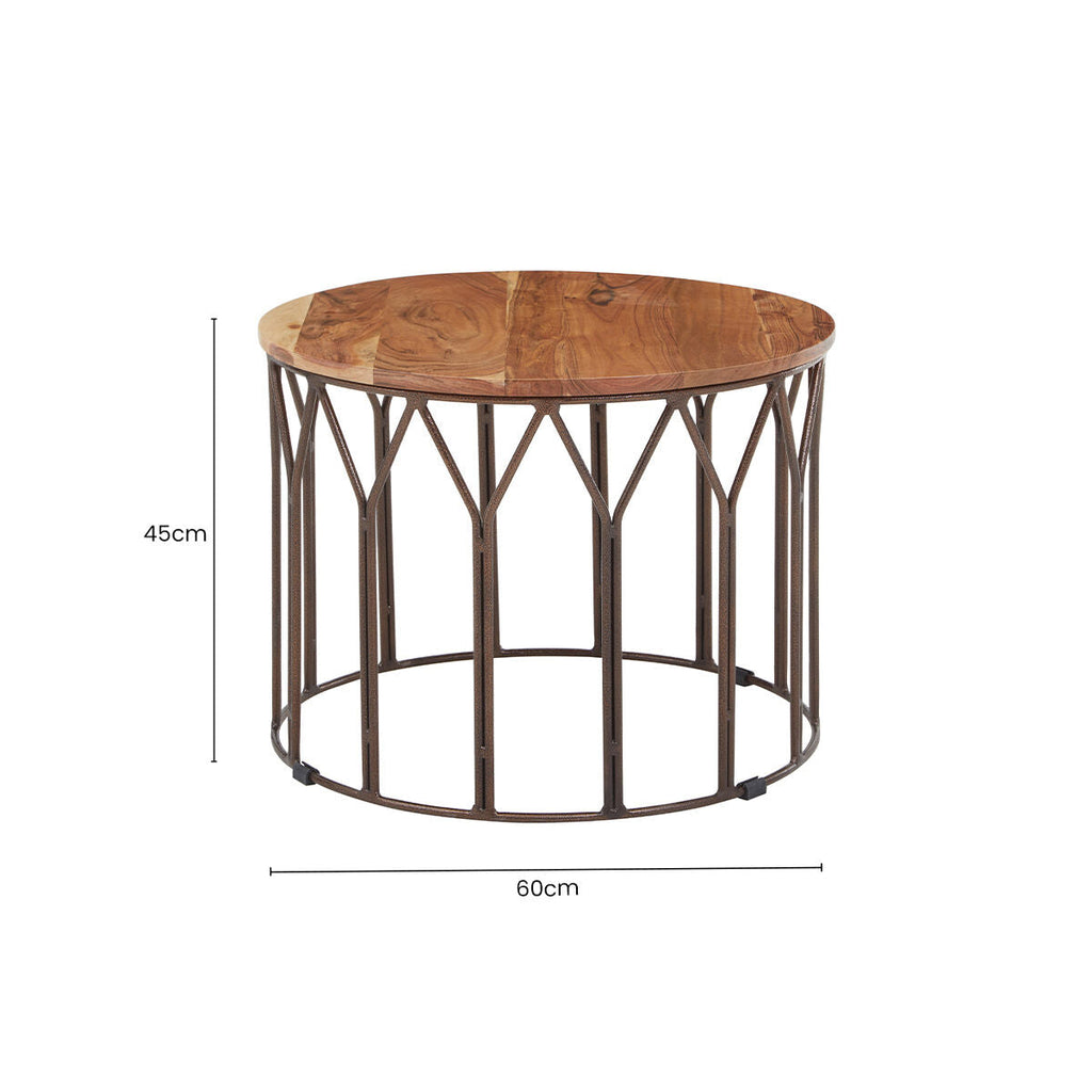 Natural Solid Acacia Wood Round Coffee Table with Dark Geometric Lattice Metal Frame