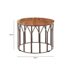 Natural Solid Acacia Wood Round Coffee Table with Dark Geometric Lattice Metal Frame
