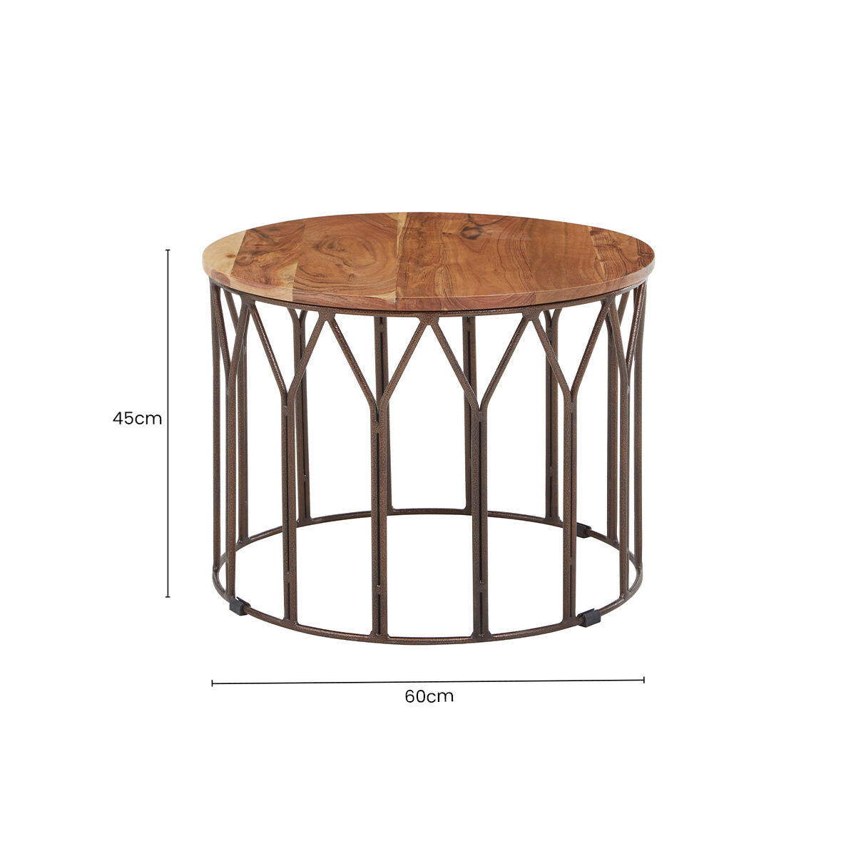 Natural Solid Acacia Wood Round Coffee Table with Dark Geometric Lattice Metal Frame