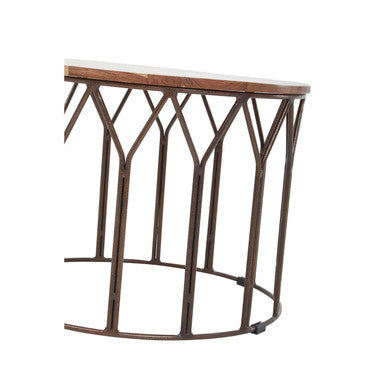 Natural Solid Acacia Wood Round Coffee Table with Dark Geometric Lattice Metal Frame