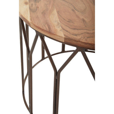 Natural Solid Acacia Wood Round Coffee Table with Dark Geometric Lattice Metal Frame