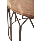 Natural Solid Acacia Wood Round Coffee Table with Dark Geometric Lattice Metal Frame