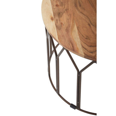 Natural Solid Acacia Wood Round Coffee Table with Dark Geometric Lattice Metal Frame