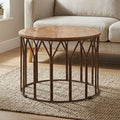 Natural Solid Acacia Wood Round Coffee Table with Dark Geometric Lattice Metal Frame