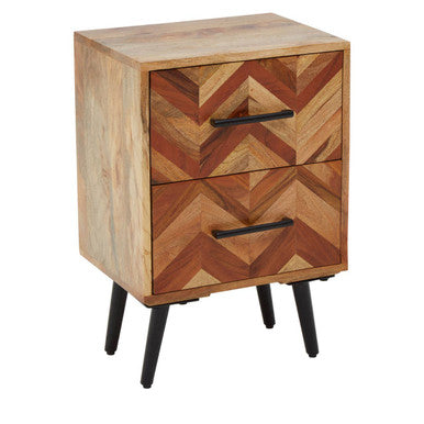 Mango Wood Two-Drawer Bedside Table with Handcrafted Chevron Front and Black Iron Legs