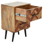 Mango Wood Two-Drawer Bedside Table with Handcrafted Chevron Front and Black Iron Legs