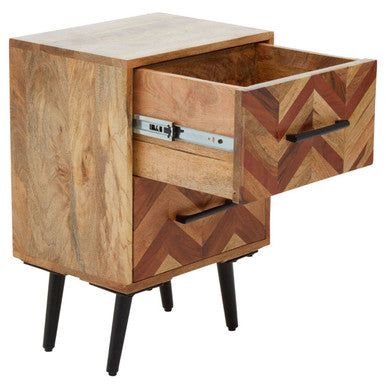 Mango Wood Two-Drawer Bedside Table with Handcrafted Chevron Front and Black Iron Legs