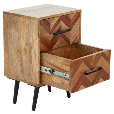 Mango Wood Two-Drawer Bedside Table with Handcrafted Chevron Front and Black Iron Legs