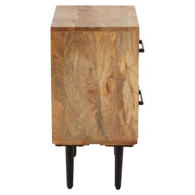 Mango Wood Two-Drawer Bedside Table with Handcrafted Chevron Front and Black Iron Legs