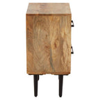 Mango Wood Two-Drawer Bedside Table with Handcrafted Chevron Front and Black Iron Legs