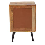 Mango Wood Two-Drawer Bedside Table with Handcrafted Chevron Front and Black Iron Legs