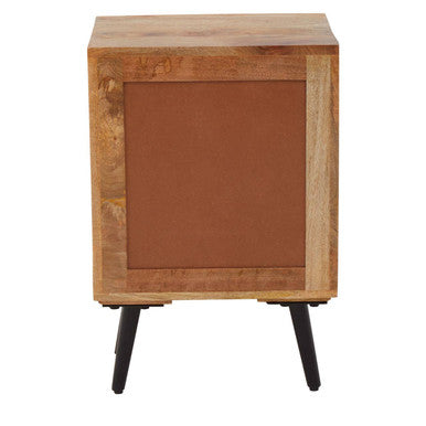 Mango Wood Two-Drawer Bedside Table with Handcrafted Chevron Front and Black Iron Legs