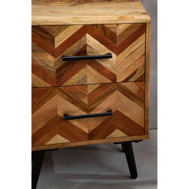 Mango Wood Two-Drawer Bedside Table with Handcrafted Chevron Front and Black Iron Legs