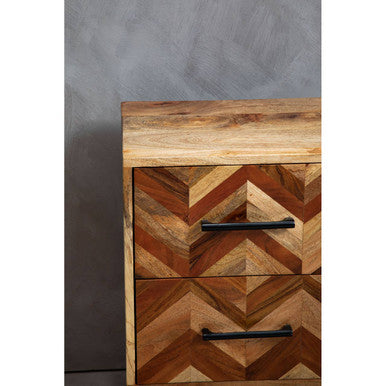 Mango Wood Two-Drawer Bedside Table with Handcrafted Chevron Front and Black Iron Legs