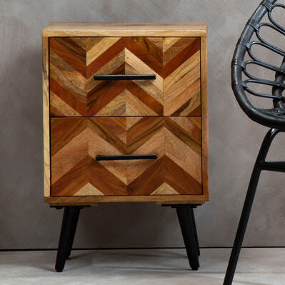 Mango Wood Two-Drawer Bedside Table with Handcrafted Chevron Front and Black Iron Legs