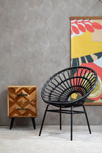 Mango Wood Two-Drawer Bedside Table with Handcrafted Chevron Front and Black Iron Legs