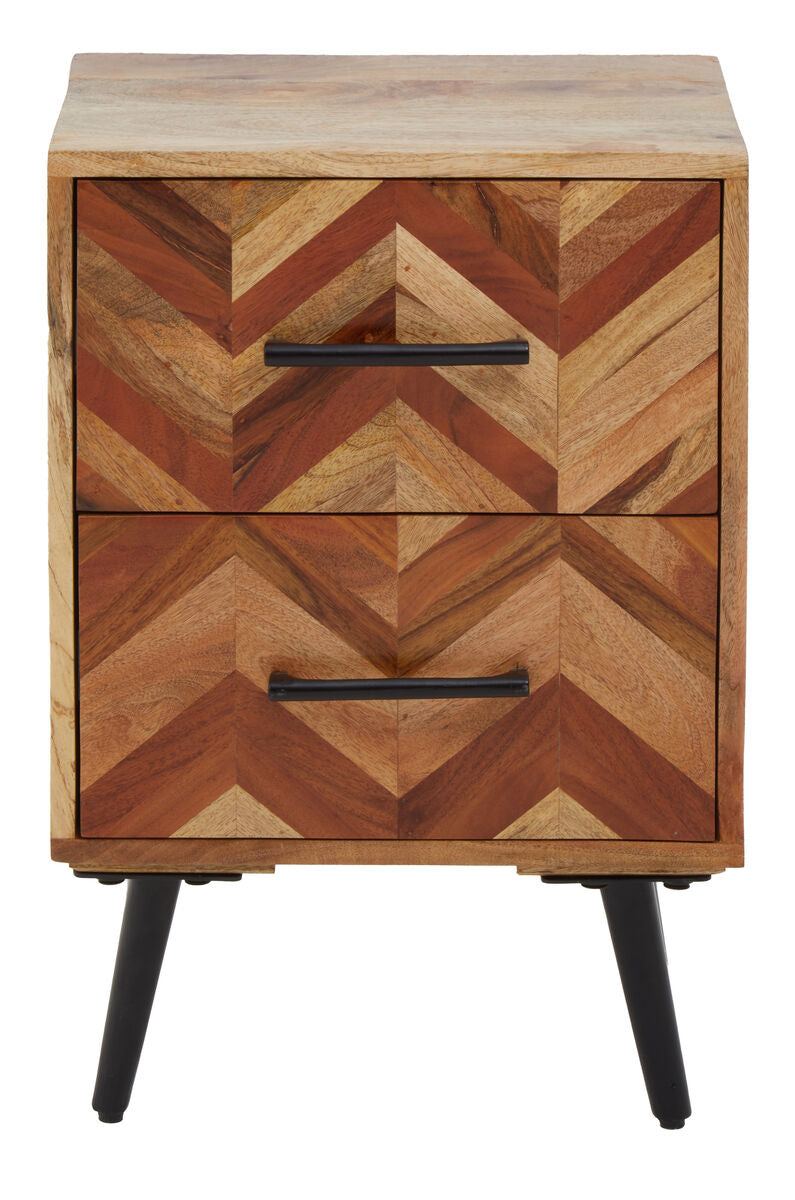Mango Wood Two-Drawer Bedside Table with Handcrafted Chevron Front and Black Iron Legs